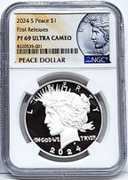 Obverse side of 2024 S proof Peace silver dollar in NGC slab with Peace dollar label