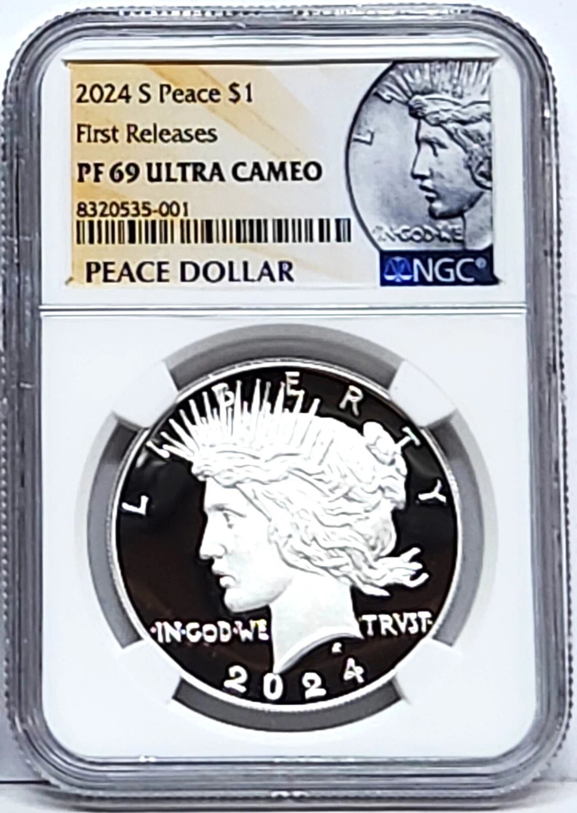 Obverse side of 2024 S proof Peace silver dollar in NGC slab with Peace dollar label