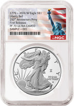 2026 W proof American Eagle Silver Dollar with 250th Anniversary Liberty Bell privy graded by NGC with the Statue of Liberty and Flag label.