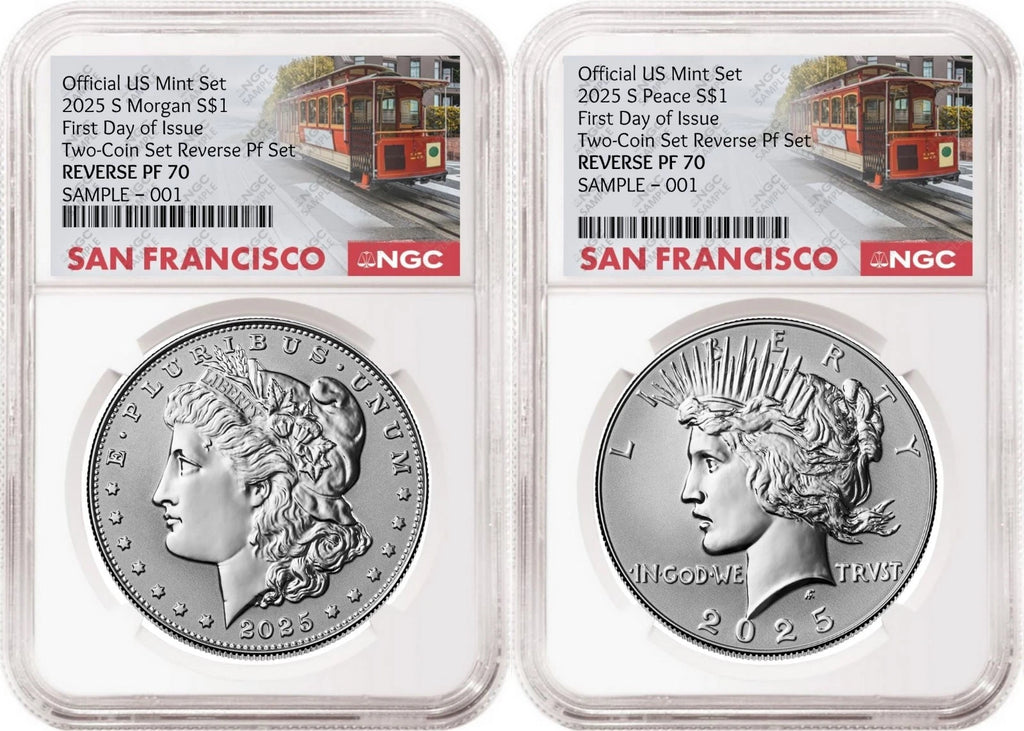 Obverse side of 2025 reverse proof Morgan and Peace silver dollar two coin set in NGC slabs with San Francisco trolley labels
