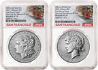 Obverse side of 2025 reverse proof Morgan and Peace silver dollar two coin set in NGC slabs with San Francisco trolley labels
