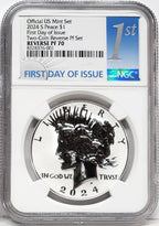 Obverse side of 2024 S reverse proof Peace silver dollar in NGC slab with first day of issue label