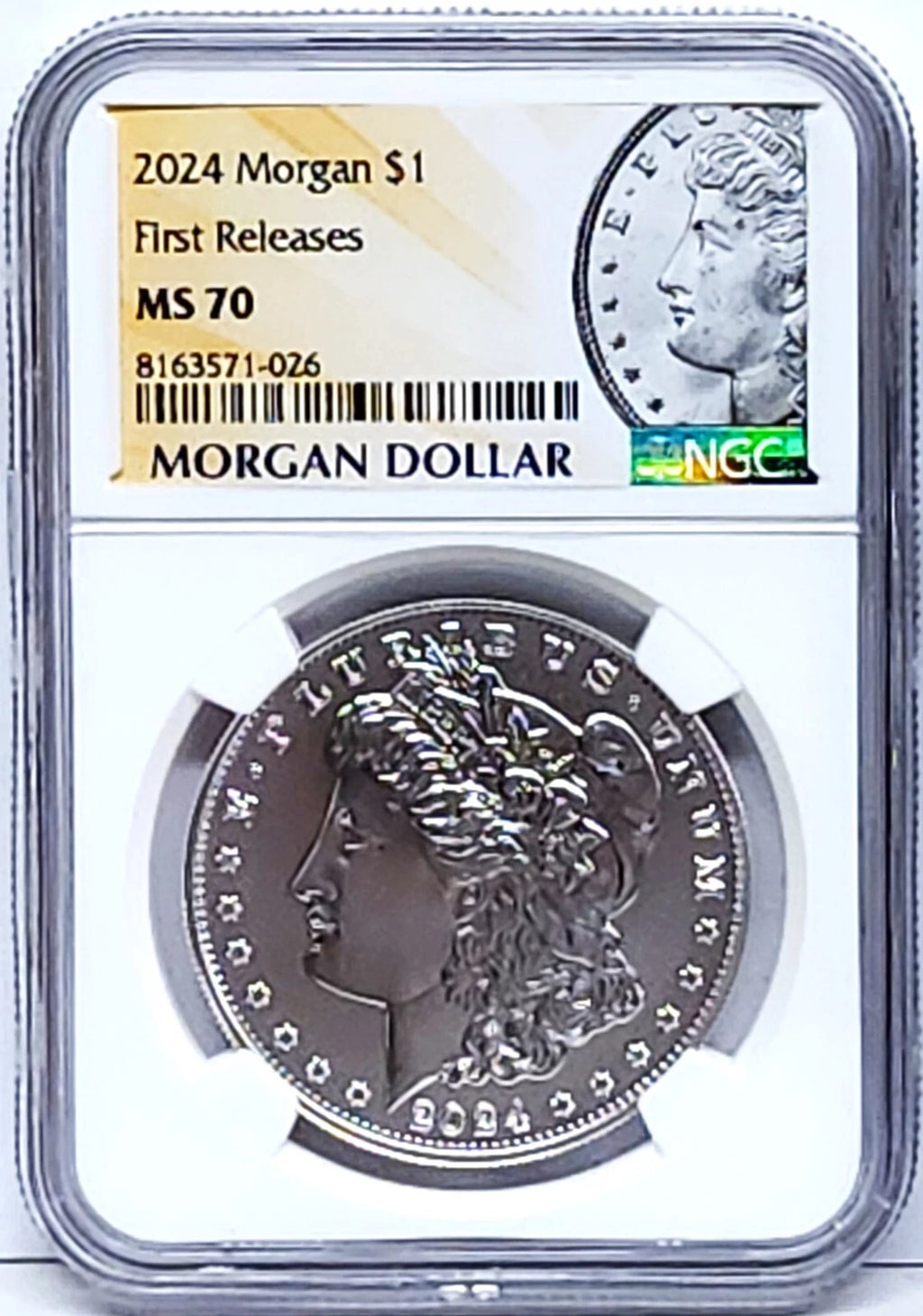 Obverse side of 2024 uncirculated Morgan silver dollar in NGC slab with Morgan dollar label