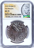 Obverse side of 2024 uncirculated Morgan silver dollar in NGC slab with Morgan dollar label