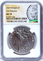 Obverse side of 2024 uncirculated Morgan silver dollar in NGC slab with Morgan dollar label