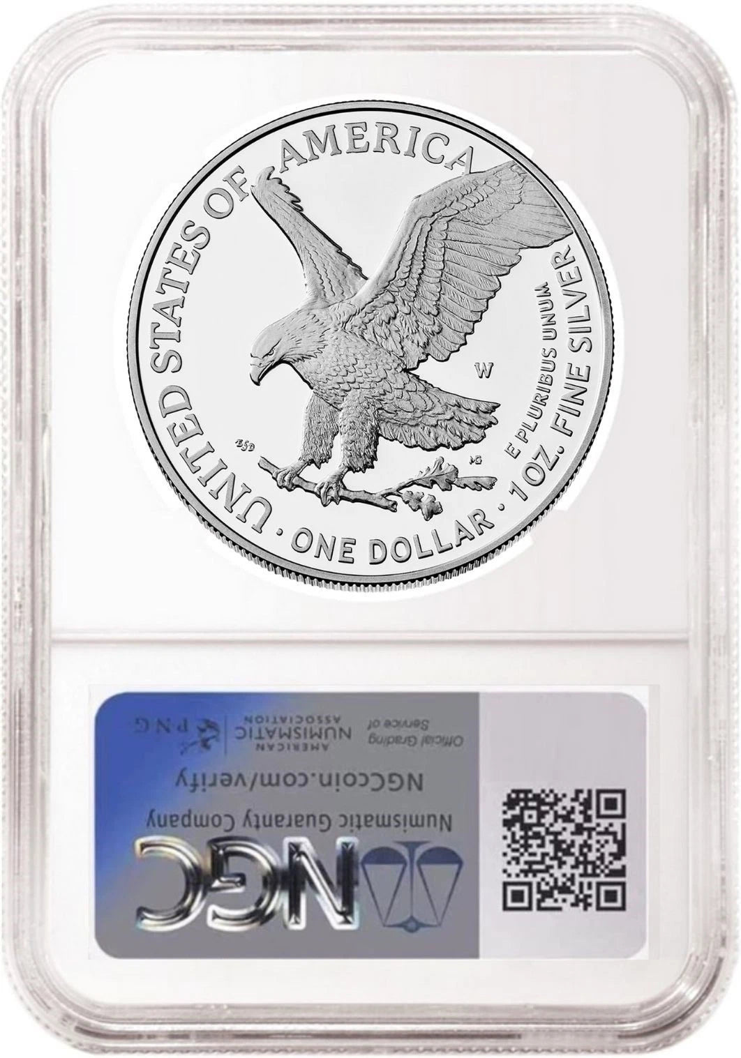 Reverse side of an NGC graded proof American eagle silver dollar with West Point mint mark.
