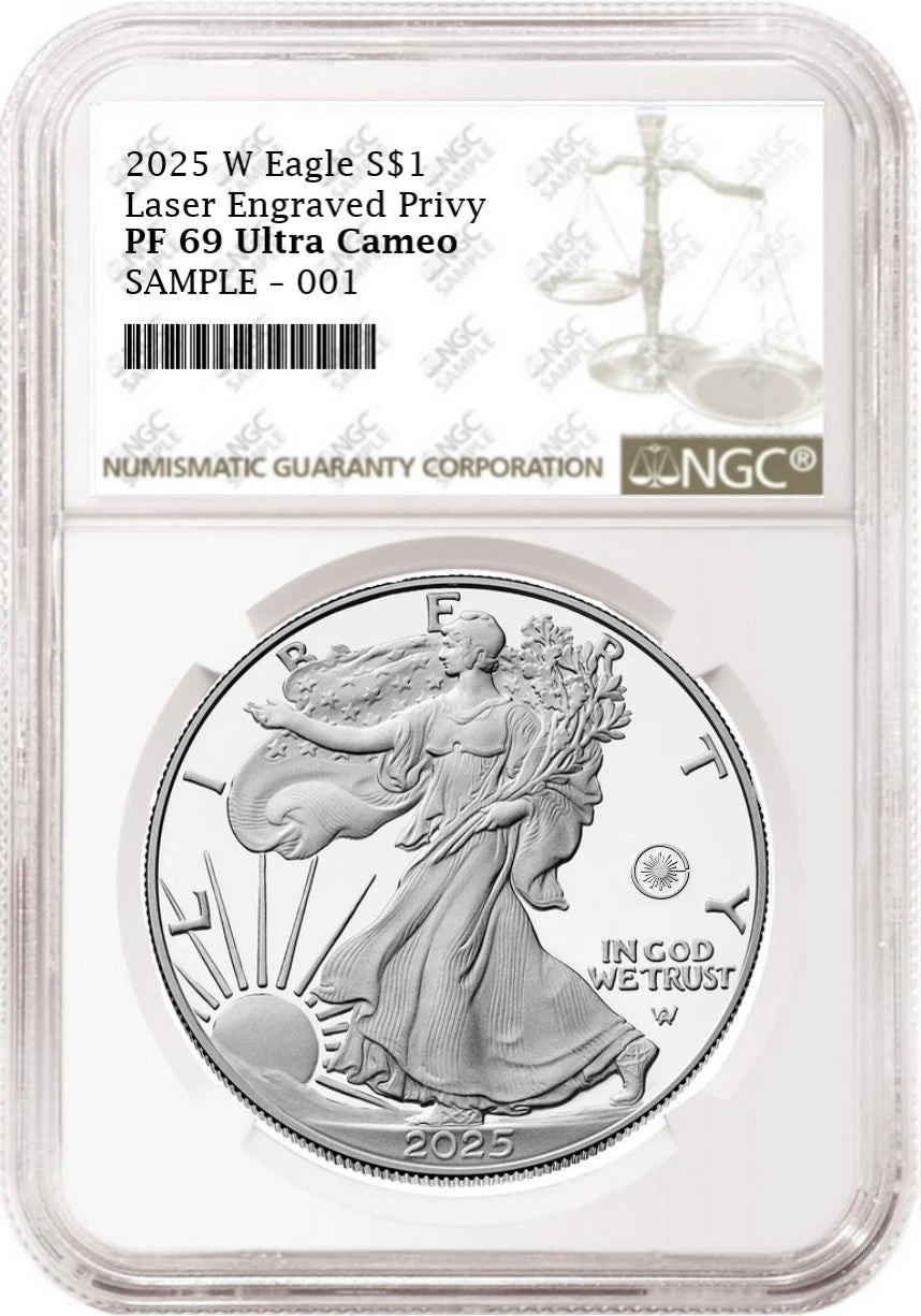 2025 W proof American Eagle Silver Dollar with laser engraved privy graded by NGC with the standard brown label.