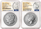 Obverse side of 2025 reverse proof Morgan and Peace silver dollar two coin set in NGC slabs with morgan and peace labels