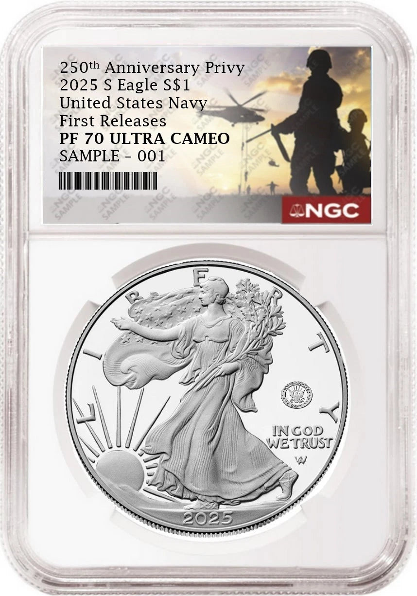 An NGC graded 2025 s proof American Eagle Silver Dollar with US Navy 250th anniversary privy with the commemorative military 250th anniversary label.