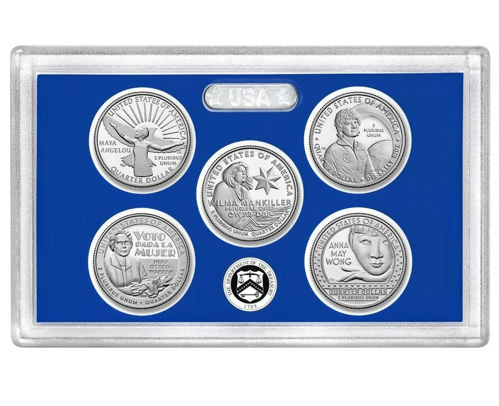 2022 American Women Quarters collector set featuring five proof quarters honoring Maya Angelou, Sally Ride, Wilma Mankiller, Nina Otero-Warren, and Anna May Wong, arranged in a display with Treasury seal and “USA” label.