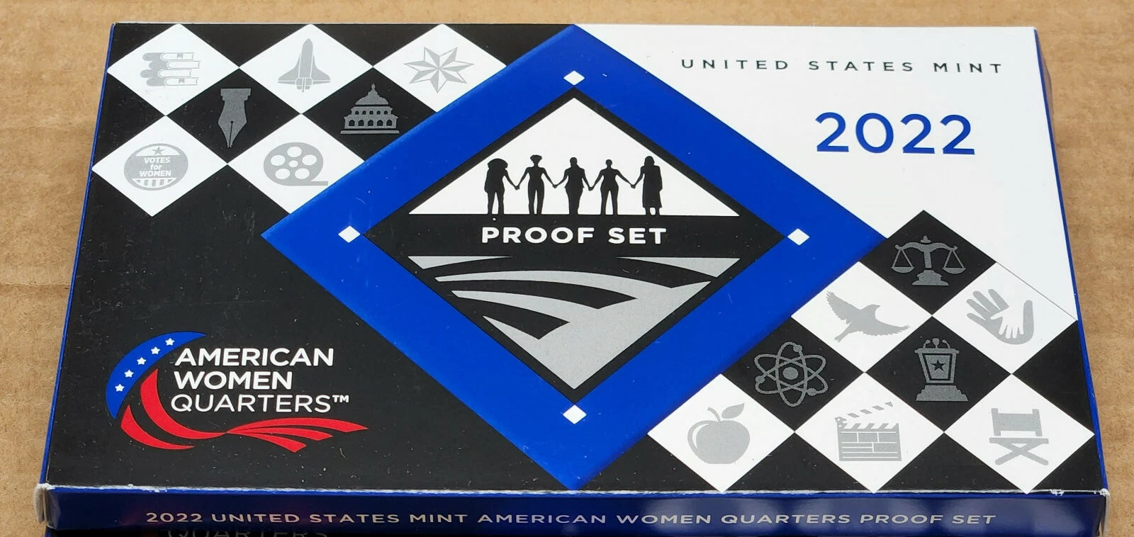 2022 American Women Quarters Proof Set box featuring five silhouetted women holding hands, surrounded by icons representing justice, science, education, voting rights, and the arts, with patriotic branding and “United States Mint” and “Proof Set” inscriptions.