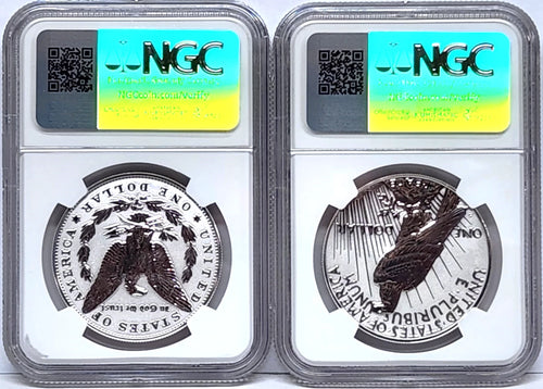 Reverse side of reverse proof Morgan and Peace silver dollars in NGC slabs