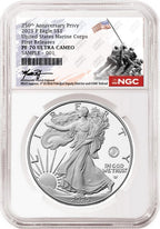 Obverse side of 2025 P proof silver eagle with US Marine Corps 250th anniversary privy in NGC slab with the commemorative Rhett Jeppson signature label