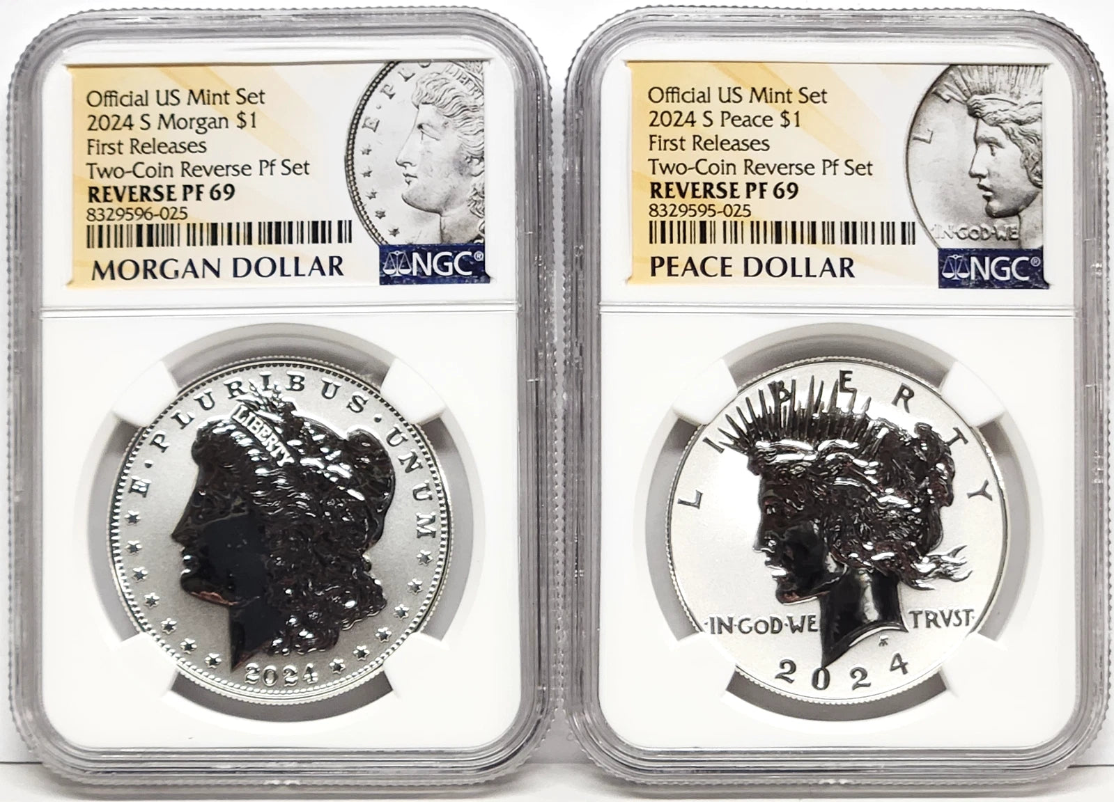 Obverse side of 2024 S Reverse Proof Morgan and Peace silver dollars in NGC slabs with Morgan and Peace labels