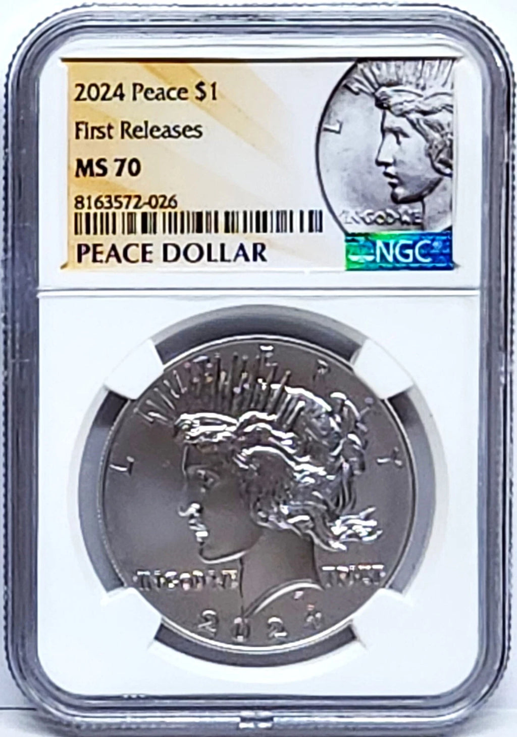 Obverse side of 2024 uncirculated Peace silver dollar in NGC slab with Peace dollar label
