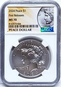 Obverse side of 2024 uncirculated Peace silver dollar in NGC slab with Peace dollar label