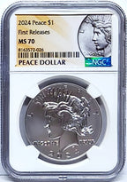 Obverse side of 2024 uncirculated Peace silver dollar in NGC slab with Peace dollar label