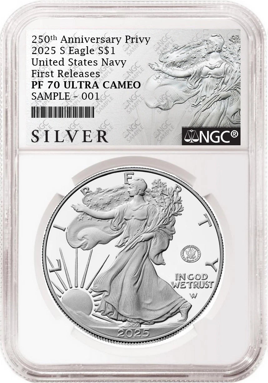 An NGC graded 2025 s proof American Eagle Silver Dollar with US Navy 250th anniversary privy with the silver American liberty series label.