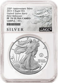 An NGC graded 2025 s proof American Eagle Silver Dollar with US Navy 250th anniversary privy with the silver American liberty series label.
