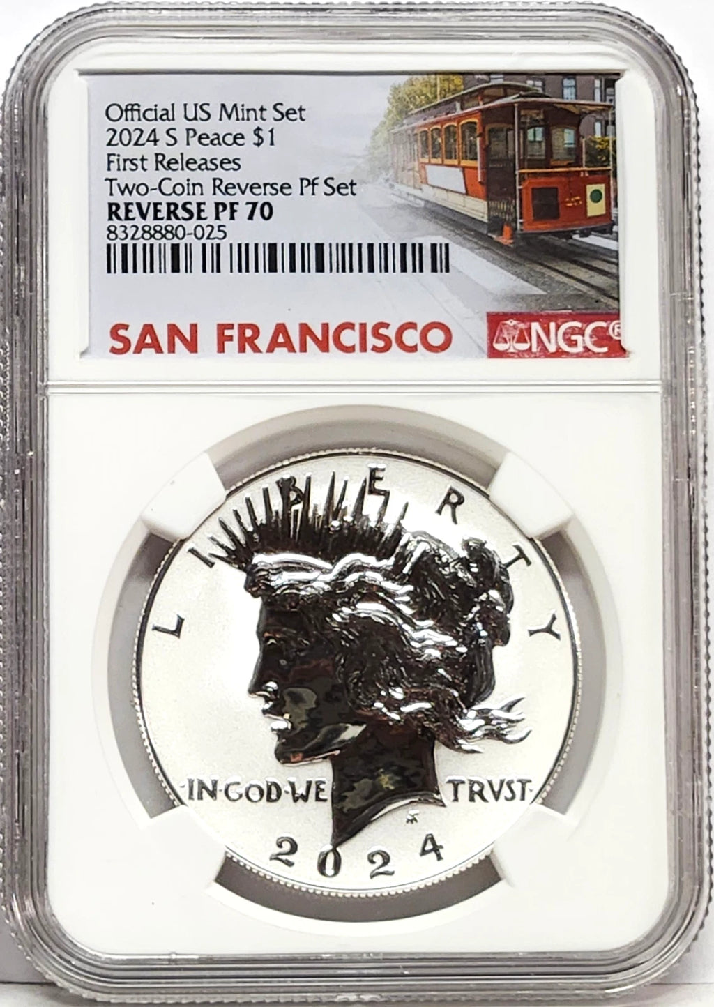 Obverse side of 2024 S reverse proof Peace silver dollar in NGC slab with San Francisco trolley label