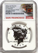 Obverse side of 2024 S reverse proof Peace silver dollar in NGC slab with San Francisco trolley label