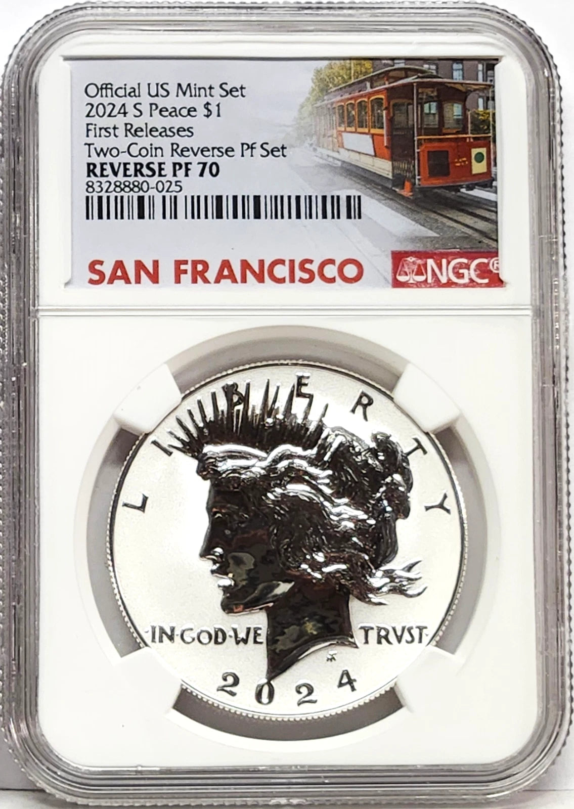 Obverse side of 2024 S reverse proof Peace silver dollar in NGC slab with San Francisco trolley label