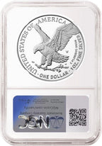Reverse side of an NGC graded proof American eagle silver dollar with West Point mint mark.
