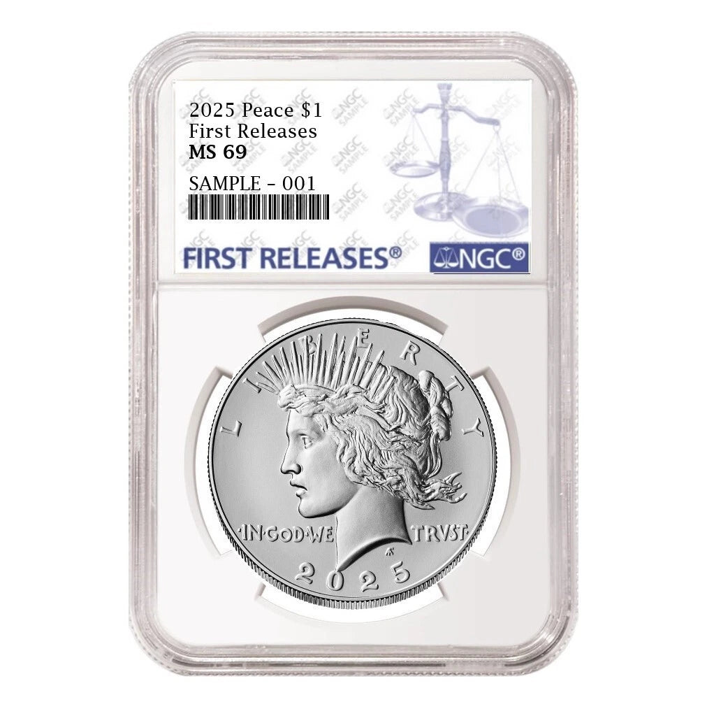 Obverse side of 2025 uncirculated Peace silver dollar graded by NGC with the blue first releases label.