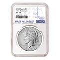 Obverse side of 2025 uncirculated Peace silver dollar graded by NGC with the blue first releases label.