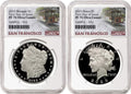 Obverse side of 2025 proof Morgan and Peace silver dollar two coin set in NGC slabs with San Francisco trolley labels