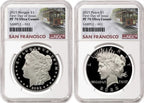Obverse side of 2025 proof Morgan and Peace silver dollar two coin set in NGC slabs with San Francisco trolley labels