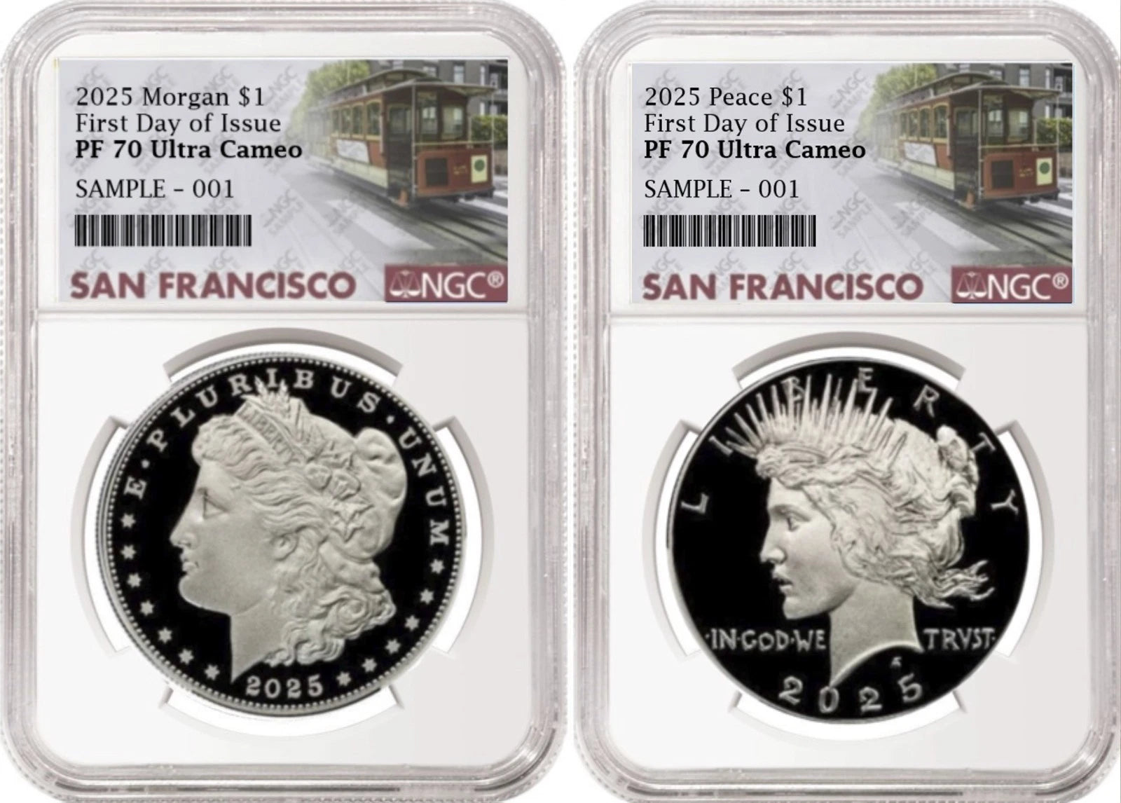 Obverse side of 2025 proof Morgan and Peace silver dollar two coin set in NGC slabs with San Francisco trolley labels