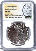 Obverse side of 2024 uncirculated Morgan silver dollar in NGC slab with Morgan dollar label