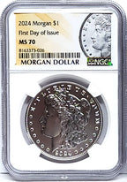 Obverse side of 2024 uncirculated Morgan silver dollar in NGC slab with Morgan dollar label