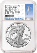 An NGC graded 2025 s proof American Eagle Silver Dollar with US Navy 250th anniversary privy with the first day of issue label.