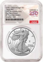 2026 W proof American Eagle Silver Dollar with 250th Anniversary Liberty Bell privy graded by NGC with the America 250 Flag label.