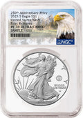 An NGC graded 2025 s proof American Eagle Silver Dollar with US Navy 250th anniversary privy with the eagle mountain label.