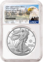 An NGC graded 2025 s proof American Eagle Silver Dollar with US Navy 250th anniversary privy with the eagle mountain label.