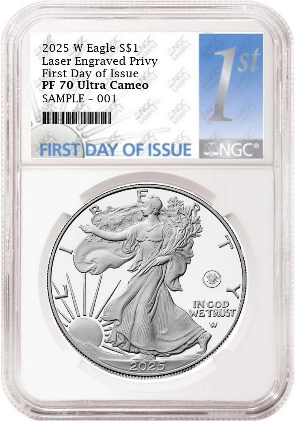 2025 W proof American Eagle Silver Dollar with laser engraved privy graded by NGC with the first day of issue label.