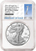2025 W proof American Eagle Silver Dollar with laser engraved privy graded by NGC with the first day of issue label.