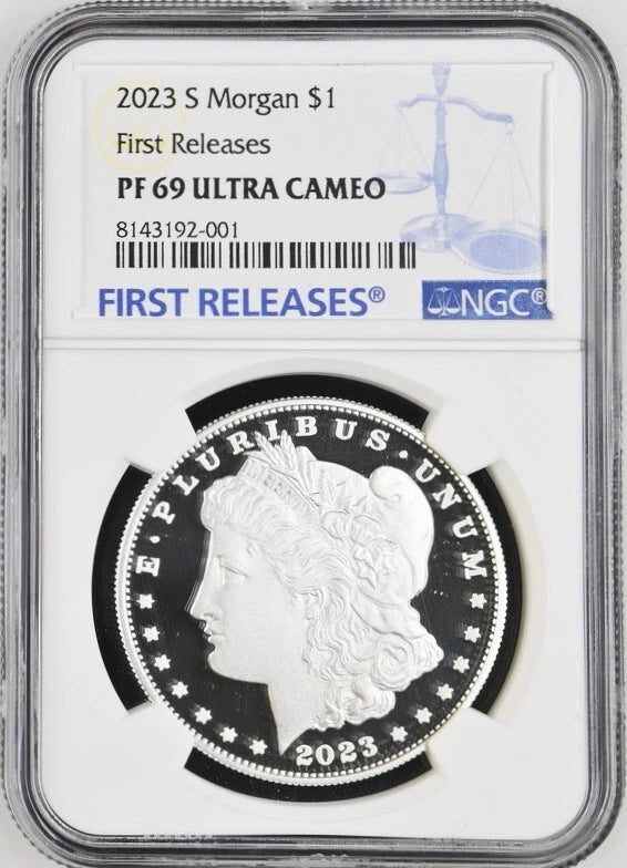 Obverse side of 2023 S proof Morgan silver dollar in NGC slab with first releases label