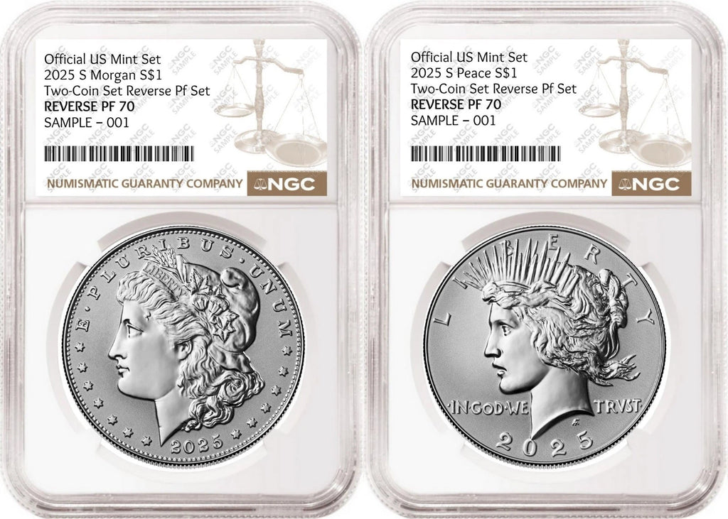 Obverse side of 2025 reverse proof Morgan and Peace silver dollar two coin set in NGC slabs with the standard brown labels