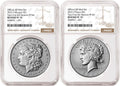Obverse side of 2025 reverse proof Morgan and Peace silver dollar two coin set in NGC slabs with the standard brown labels