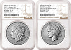 Obverse side of 2025 reverse proof Morgan and Peace silver dollar two coin set in NGC slabs with the standard brown labels