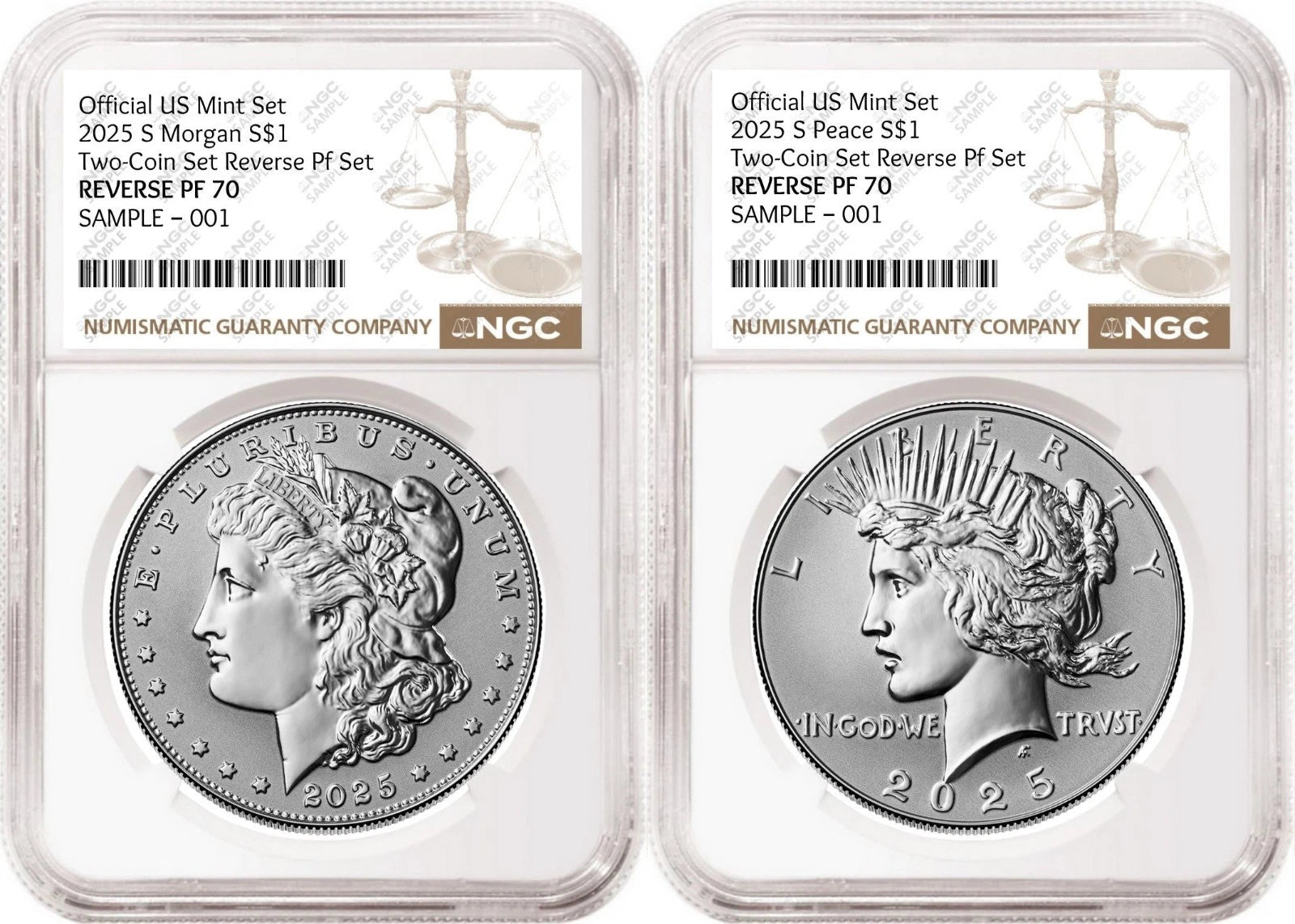 Obverse side of 2025 reverse proof Morgan and Peace silver dollar two coin set in NGC slabs with the standard brown labels