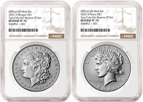 Obverse side of 2025 reverse proof Morgan and Peace silver dollar two coin set in NGC slabs with the standard brown labels