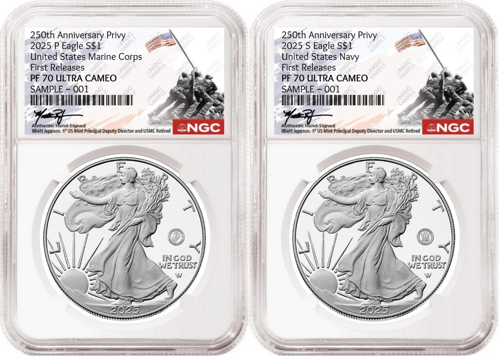 Two 2025 proof American Silver Eagles, one with US Navy 250th anniversary privy, and one with US Marine Corps 250th anniversary privy, both graded by NGC and featuring the USMC 250th anniversary Rhett Jeppson signature labels.