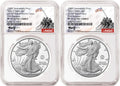 Two 2025 proof American Silver Eagles, one with US Navy 250th anniversary privy, and one with US Marine Corps 250th anniversary privy, both graded by NGC and featuring the USMC 250th anniversary Rhett Jeppson signature labels.