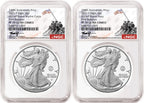 Two 2025 proof American Silver Eagles, one with US Navy 250th anniversary privy, and one with US Marine Corps 250th anniversary privy, both graded by NGC and featuring the USMC 250th anniversary Rhett Jeppson signature labels.