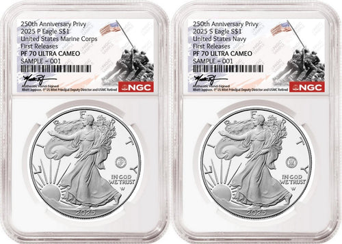 Two 2025 proof American Silver Eagles, one with US Navy 250th anniversary privy, and one with US Marine Corps 250th anniversary privy, both graded by NGC and featuring the USMC 250th anniversary Rhett Jeppson signature labels.